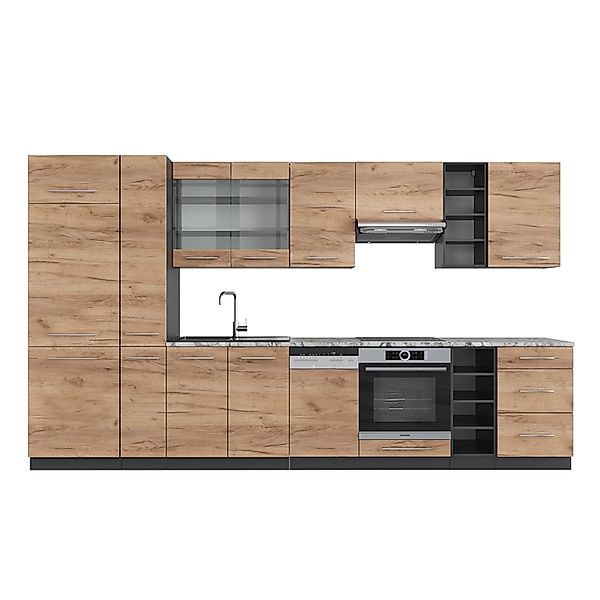 Vicco Fame-Line Küchenzeile Goldkraft Eiche/Anthrazit 355 cm AP Marmor günstig online kaufen