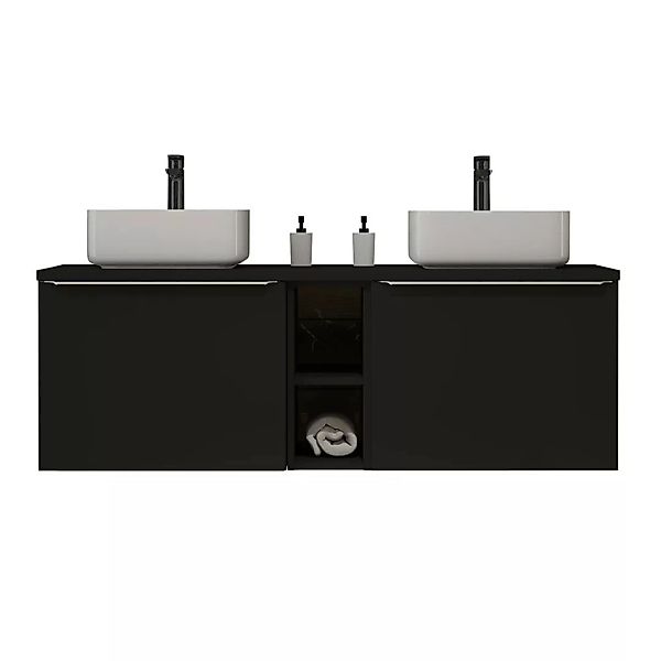 Doppelwaschtisch 140cm mit Aufsatzbecken, matt schwarz, PUEBLA-56-BLACK günstig online kaufen