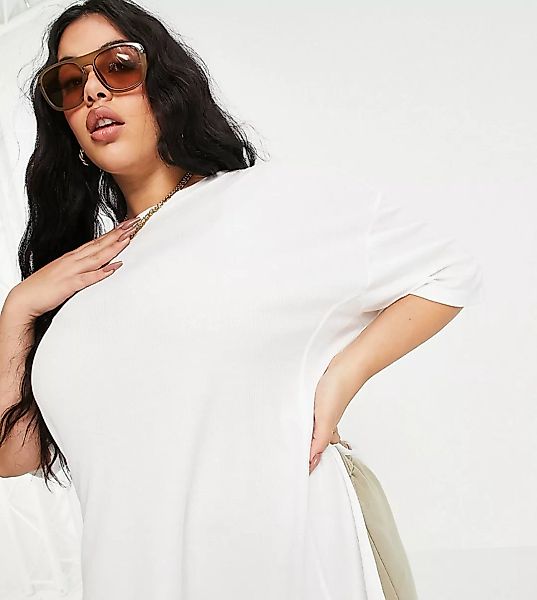 ASOS DESIGN Curve – Geripptes Oversize-T-Shirt in Weiß mit seitlichen Schli günstig online kaufen