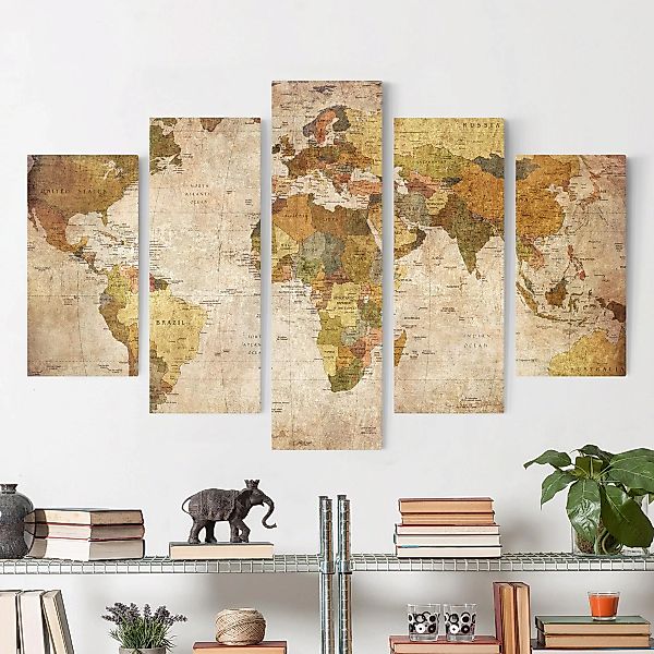 5-teiliges Leinwandbild - Querformat Weltkarte günstig online kaufen