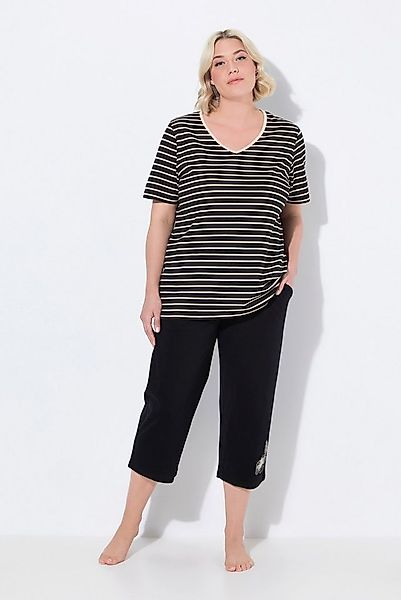 Ulla Popken Pyjama Pyjama Ringel Stickerei V-Ausschnitt Halbarm günstig online kaufen