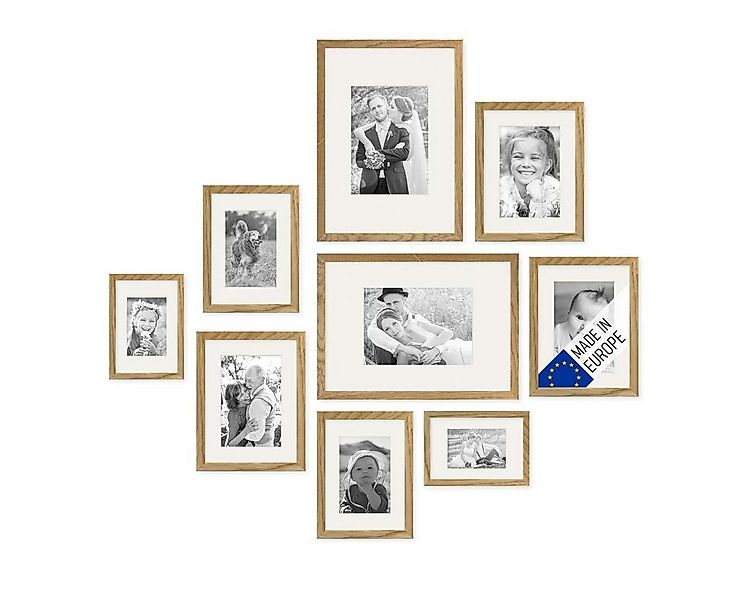 PHOTOLINI Bilderrahmen 9er Set Echtholz 10x15 bis 21x30 cm mit Passepartout günstig online kaufen