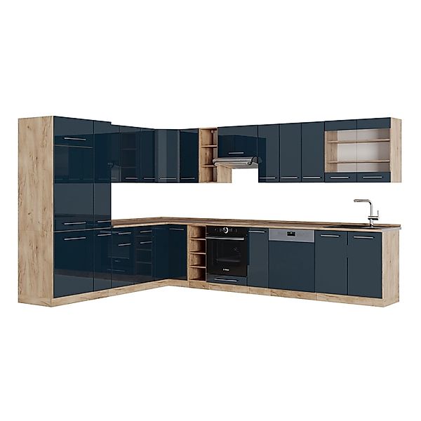 Vicco Fame-Line Eckküche Dunkelblau Hochglanz/Goldkraft Eiche 257 x 60 cm A günstig online kaufen