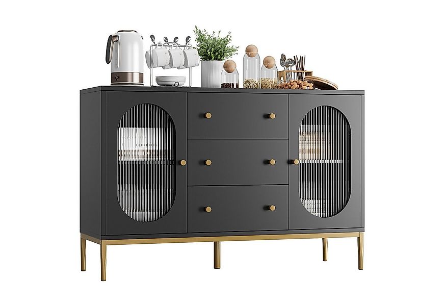 Homfa Sideboard Küchenschrank, mit 3 Schubladen 2 Glastüren, Buffetschrank, günstig online kaufen