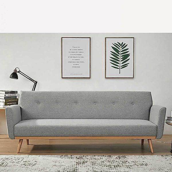 Funktions Sofa in Hellgrau und Holz Naturfarben Rücken Klappmechanik günstig online kaufen