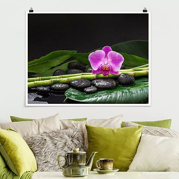Poster Grüner Bambus mit Orchideenblüte günstig online kaufen