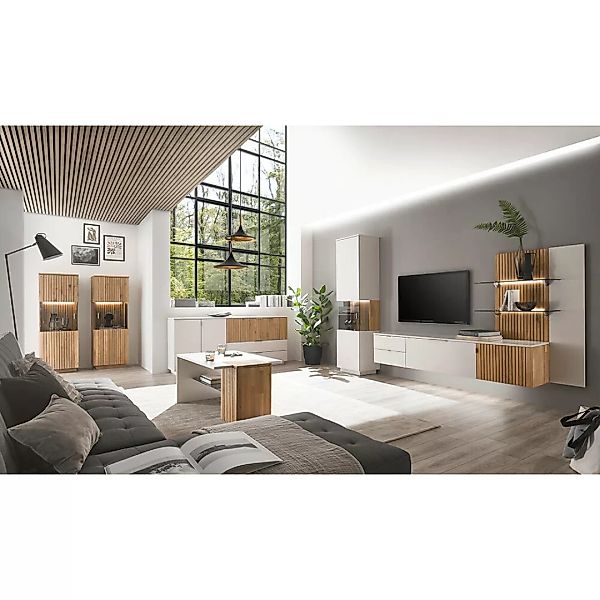 Wohnzimmermöbel Wohnwand modern 7-teilig weiß Eiche massiv bianco geölt LUC günstig online kaufen