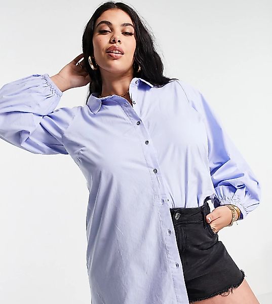 Yours – Exklusives Oversize-Hemd mit Blousonärmeln in Blassblau-Schwarz günstig online kaufen