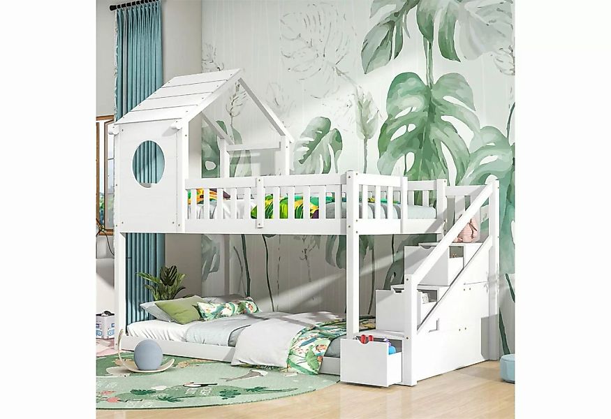Fangqi Hausbett 90x200 Hausbett Kinderbett Kiefer Treppe mit Stauraum, Zaun günstig online kaufen