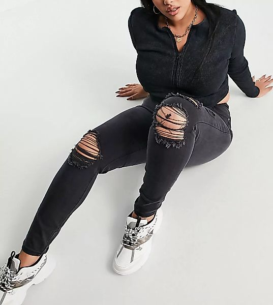 Missguided Plus – Sinner – Enge Jeans mit hohem Bund und Rissen in Schwarz günstig online kaufen