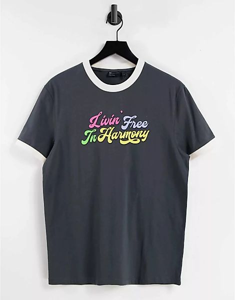 ASOS DESIGN – T-Shirt in Grau mit Ringerrücken und Textprint in Retro-Optik günstig online kaufen