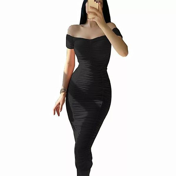 RUZU UG Dirndl Langer Rock Damen elegantes Sommerkleid One-Shoulder-Faltenk günstig online kaufen