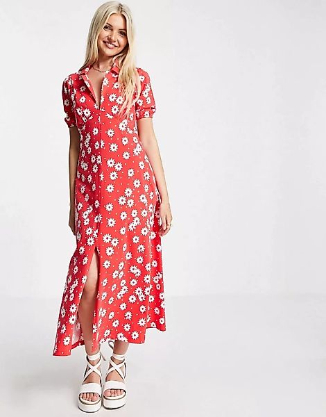 ASOS DESIGN – Ultimate – Midi-Freizeitkleid mit Blumenmuster in Rot-Mehrfar günstig online kaufen
