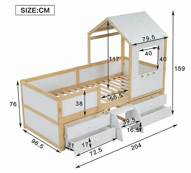 HAUSS SPLOE Kinderbett 90x200cm Hausbett mit Dach und Fenster, Zaun, 4 Schu günstig online kaufen