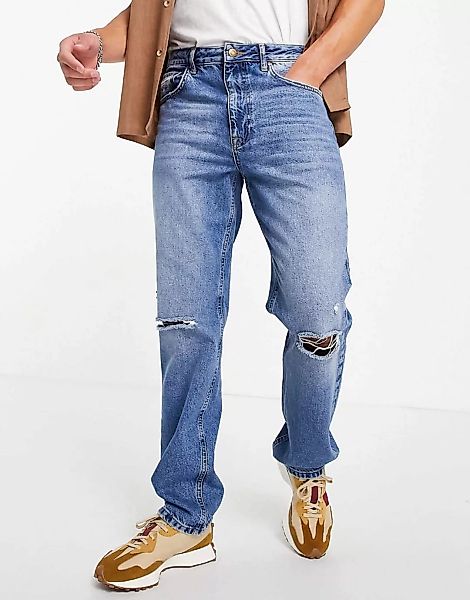 ASOS DESIGN – Stretch-Jeans mit geradem Bein und Knierissen in mittlerer Vi günstig online kaufen