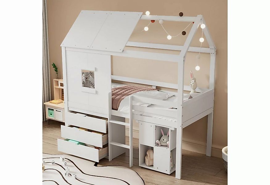 Odikalo Kinderbett Hochbett Hausform Fenster Ausziehbar Tisch 3 Schubladen günstig online kaufen