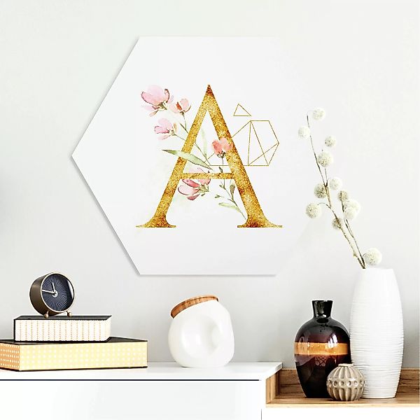 Hexagon-Alu-Dibond Bild Blumen Wunschbuchstabe Gold günstig online kaufen