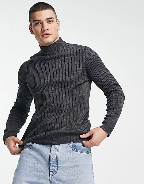 Brave Soul – Gerippter Pullover aus Baumwolle in Anthrazit mit Stehkragen-G günstig online kaufen