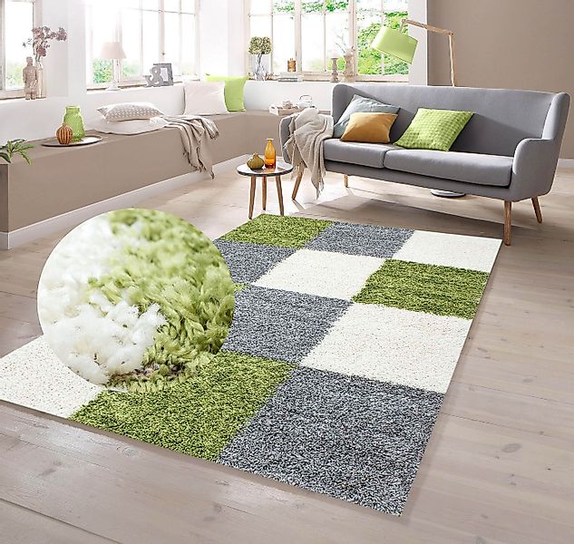 TeppichHome24 Teppich Shaggy Teppich in Karo Design Grün Grau Creme, rechte günstig online kaufen