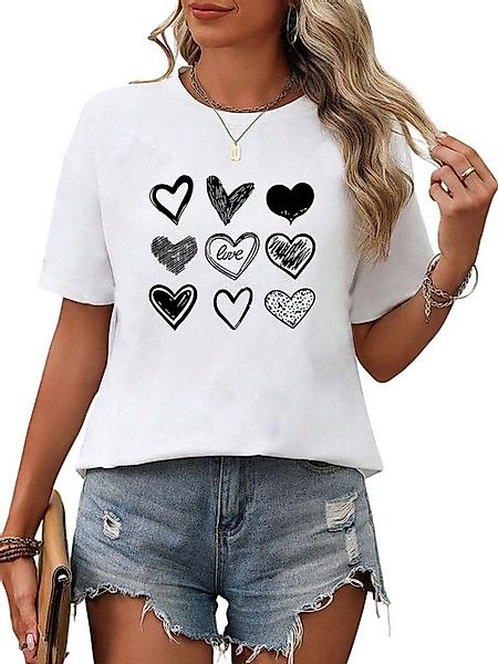 PYL Kurzarmshirt Damen Sommer Casual T-Shirt mit Herz Print Tee günstig online kaufen