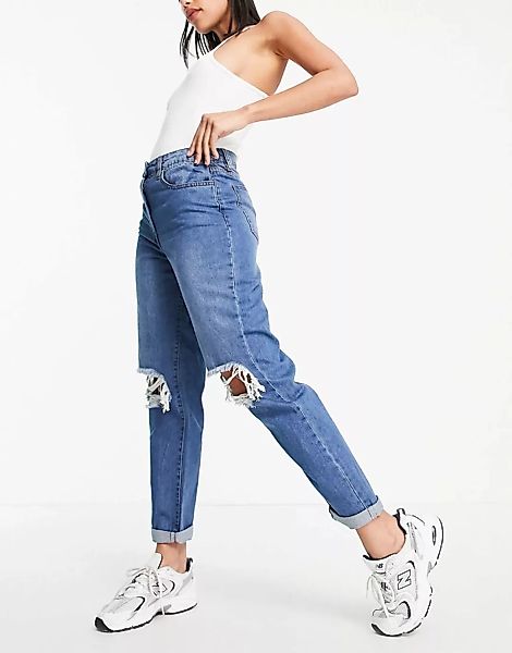 Parisian – Mom-Jeans mit Zierrissen in Mittelblau günstig online kaufen