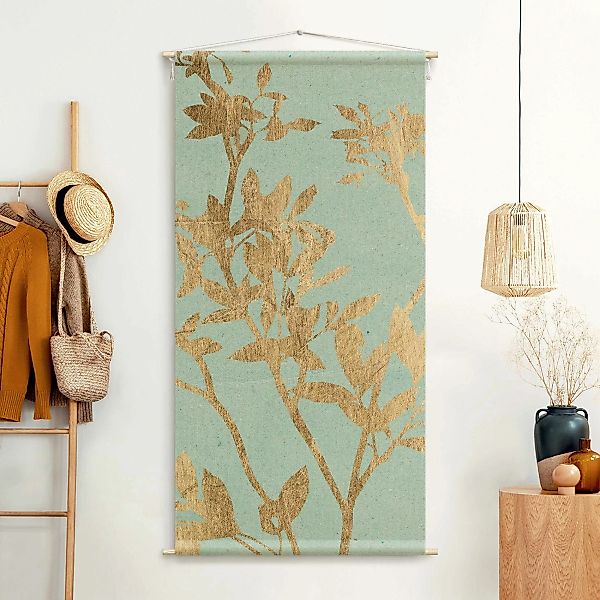 Wandteppich Goldene Blätter auf Turquoise II günstig online kaufen