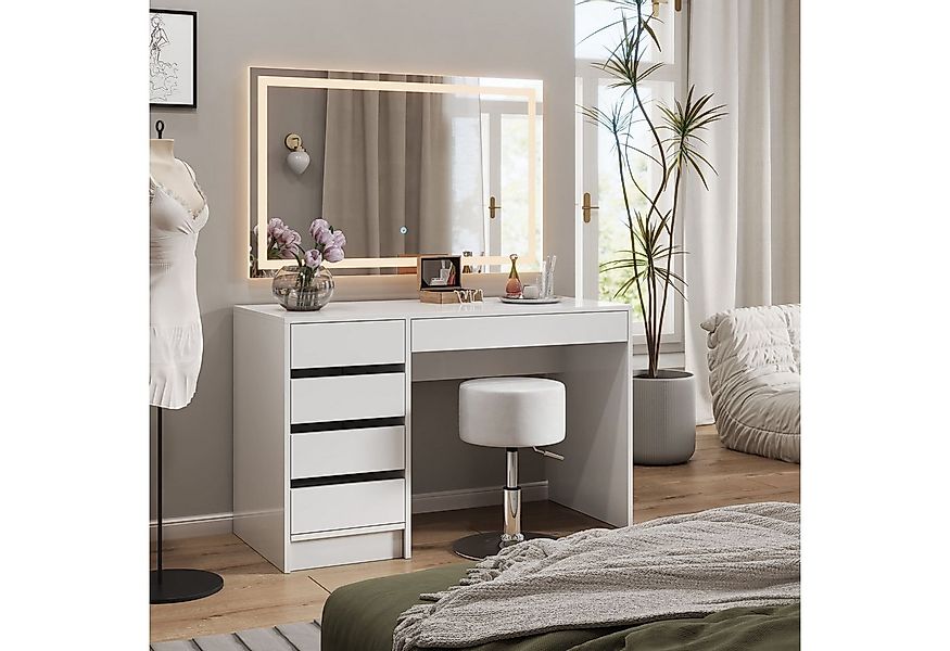 Vicco Schminktisch Sherry, Weiß Hochglanz, 120 cm mit LED-Spiegel und Hocke günstig online kaufen
