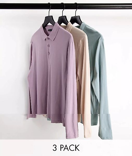 ASOS DESIGN – 3er-Set langärmlige Polohemden aus Bio-Baumwolle-Mehrfarbig günstig online kaufen