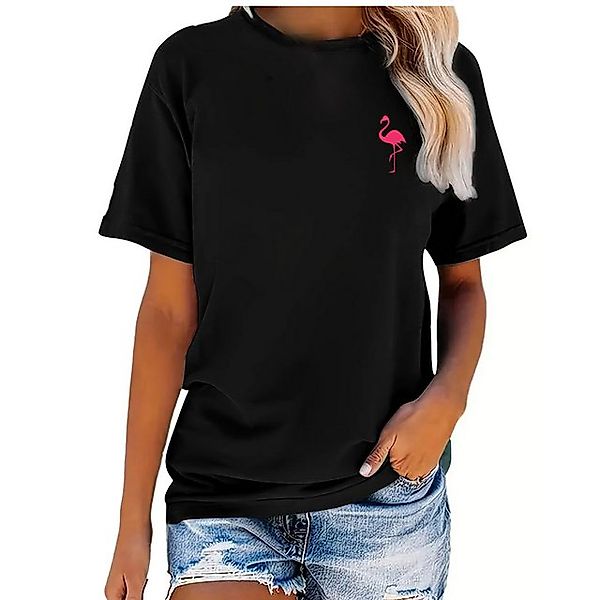 Banco T-Shirt Damen Sommer Flamingo Unifarben Rundhalsausschnitt Rundhalsau günstig online kaufen