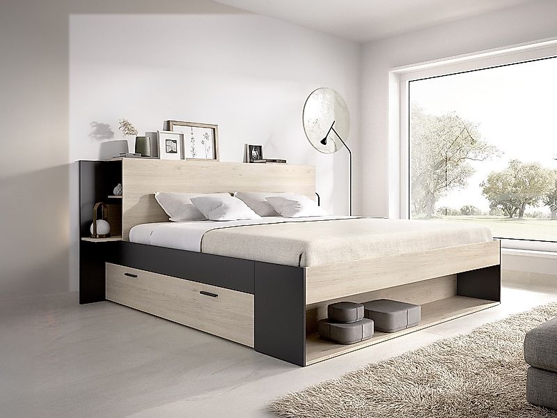 Bett mit Stauraum - 140 x 190 cm - Holzfarben & Schwarz - KEROSIA günstig online kaufen