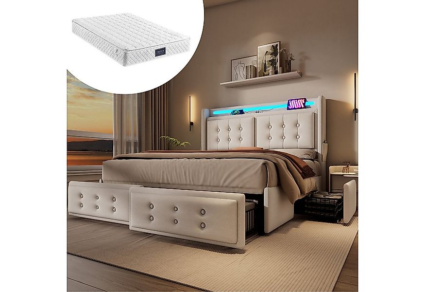 HAUSS SPOLE Polsterbett 160x200cm mit Led, Ladefunktion und 4 Schubladen, B günstig online kaufen