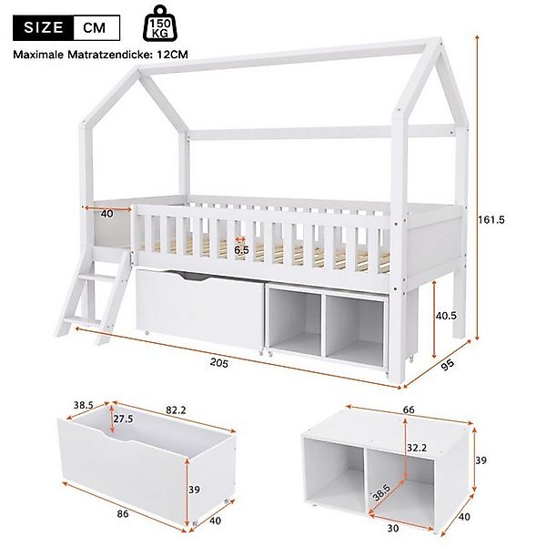 Flieks Hochbett Hausbett Kinderbett mit Stauraumfächern 90x200cm Kiefer günstig online kaufen