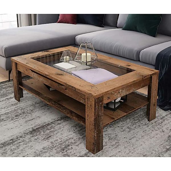 Sofa Tisch mit Glasplatte im Industry und Loft Stil 110 cm breit günstig online kaufen