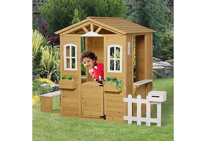 Outsunny Spielhaus mit Tür, Fenster, Pflanzkasten, Briefkasten, Bank, für K günstig online kaufen
