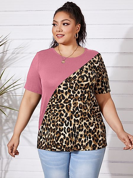 YOINS Plus Größe Rundhalsausschnitt Patchwork Leopard Kurzarm T-Shirt günstig online kaufen