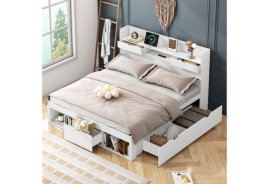 Flieks Holzbett, Doppelbett 140x200cm mit USB-Laden & Schubladen & Stauraum günstig online kaufen