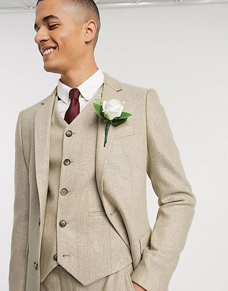 ASOS DESIGN – Wedding – Schmale Anzugjacke aus Wollmischung mit Fischgräten günstig online kaufen
