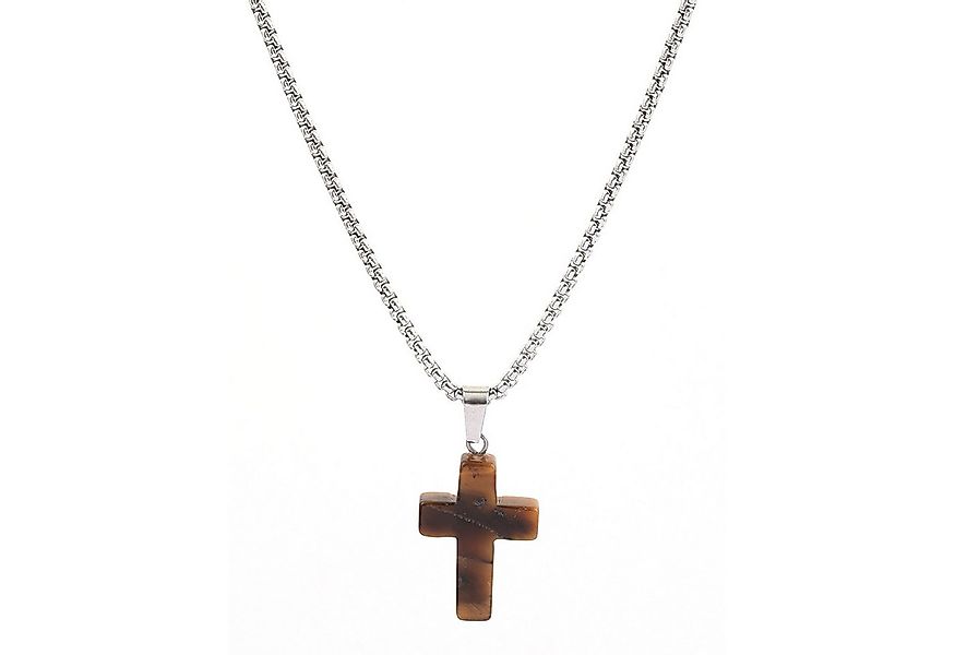KARMA Kette mit Anhänger Kreuz für Herren Edelstahl Naturstein Silber 50 cm günstig online kaufen
