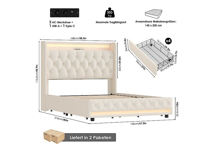 Homfa Polsterbett Bett 140x200 Bettgestell Doppelbett, mit Ladefunktion und günstig online kaufen