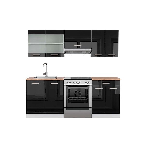 Vicco R-Line Küchenzeile Schwarz Hochglanz/Weiß 200 cm AP Eiche günstig online kaufen