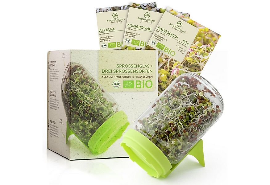 Growgreens Gemüsesamen Sprossenglas Keimglas mit 3 Sprossen - Alfalfa, Mung günstig online kaufen