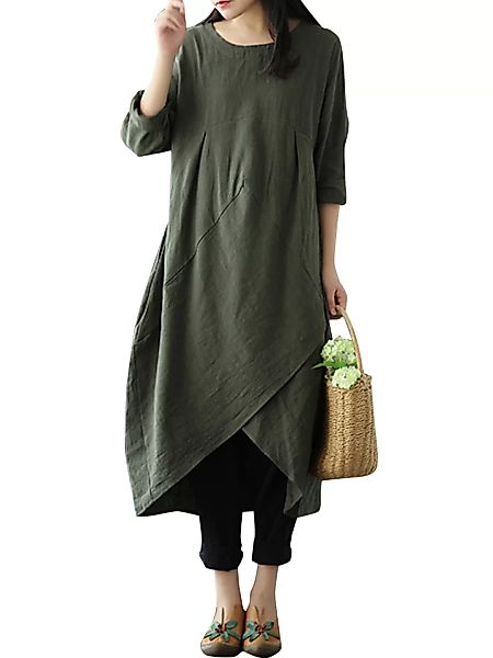 Einfarbig O-Ausschnitt Lange Ärmel Asymmetrischer Midi-Saum Kleid günstig online kaufen