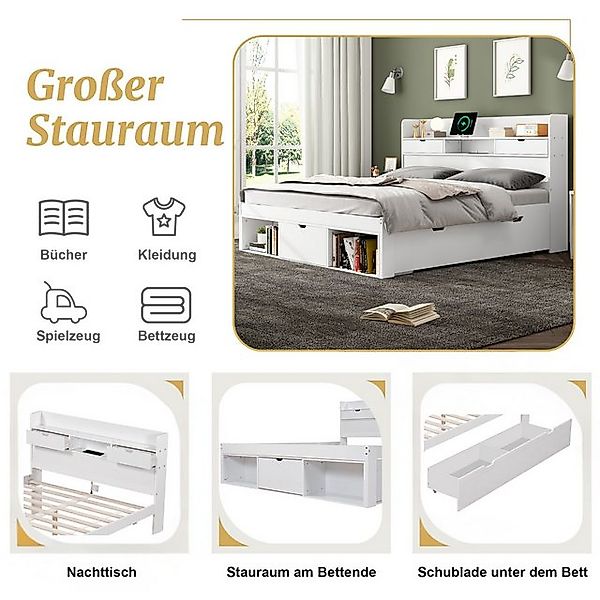 Flieks Holzbett, Doppelbett 140x200cm mit USB-Laden & Schubladen & Stauraum günstig online kaufen