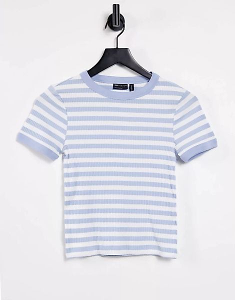 ASOS DESIGN – Schmal geschnittenes, geripptes T-Shirt in Blau und Weiß gest günstig online kaufen