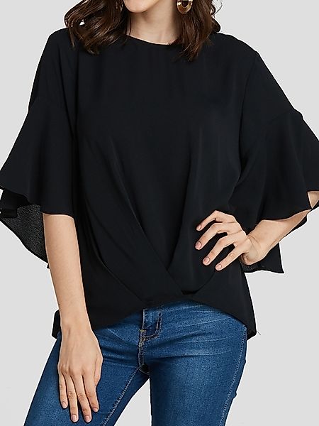 Schwarze Bluse mit Glockenärmeln und rundem Hals günstig online kaufen