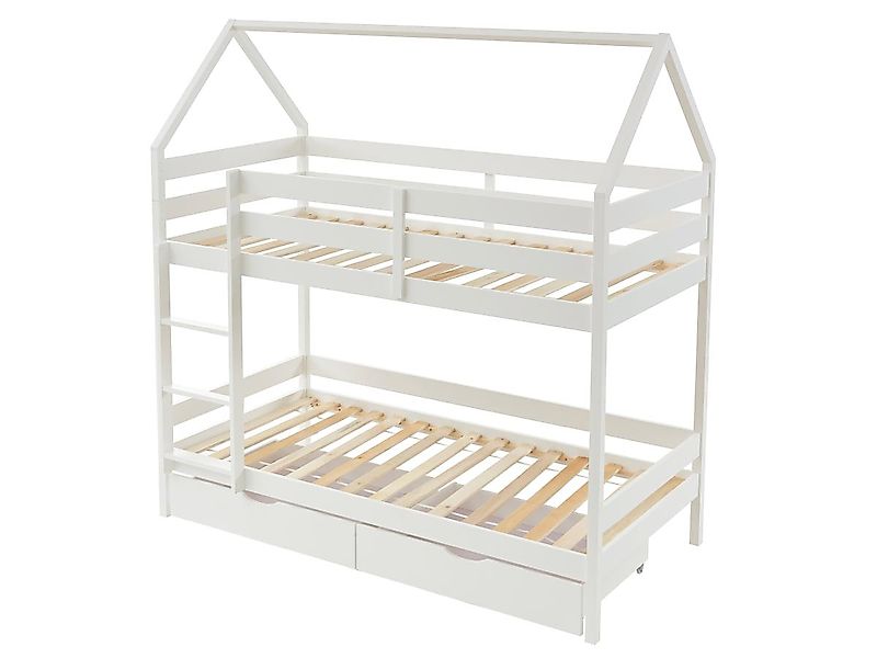 Etagenbett Hausbett mit 2 Schubladen - Kiefernholz - 2 x 90 x 190 cm - Weiß günstig online kaufen