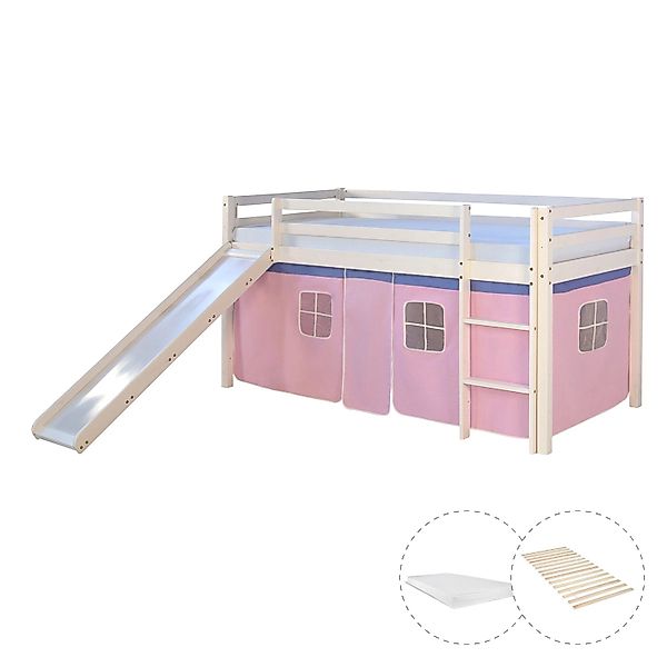 Homestyle4u Hochbett 90x200 mit Vorhang Lattenrost Matratze Rutsche in Weiß günstig online kaufen