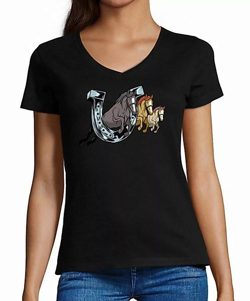MyDesign24 T-Shirt Damen Pferde Print Shirt - Pferd springt durch Hufeisen günstig online kaufen
