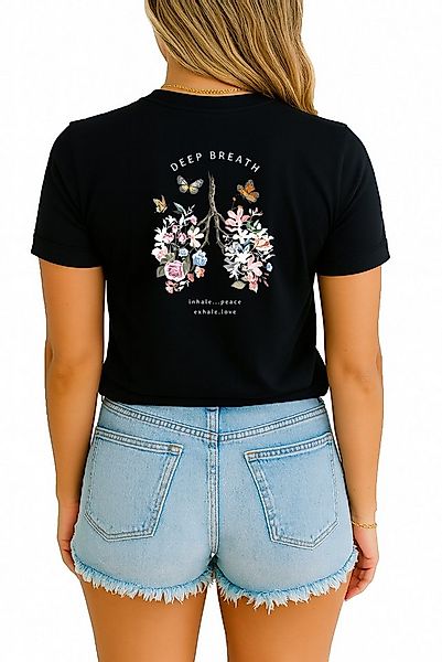 Banco T-Shirt Damen mit Rückendruck „Deep Breath“ – Blumen & Schmetterlinge günstig online kaufen