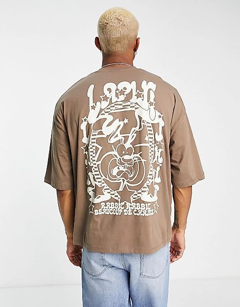 ASOS DESIGN – Oversize-T-Shirt in Braun mit Cartoonprint auf dem Rücken günstig online kaufen